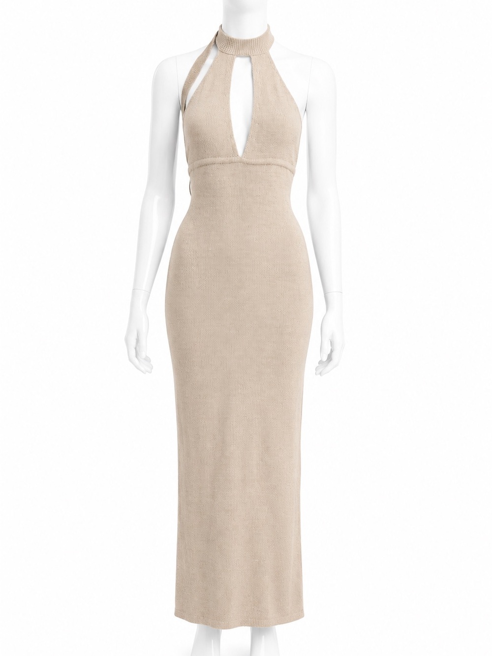 Beige Halter Knit Maxi Dress